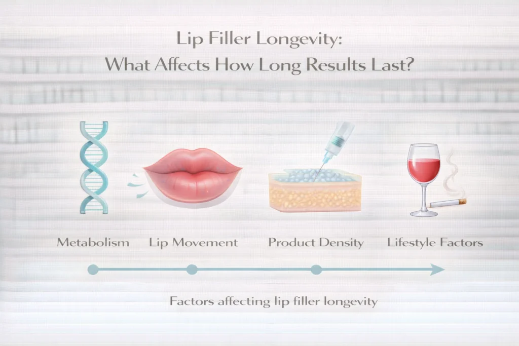 Infographic explaining factors that affect lip filler longevity including metabolism, product type, and lifestyle