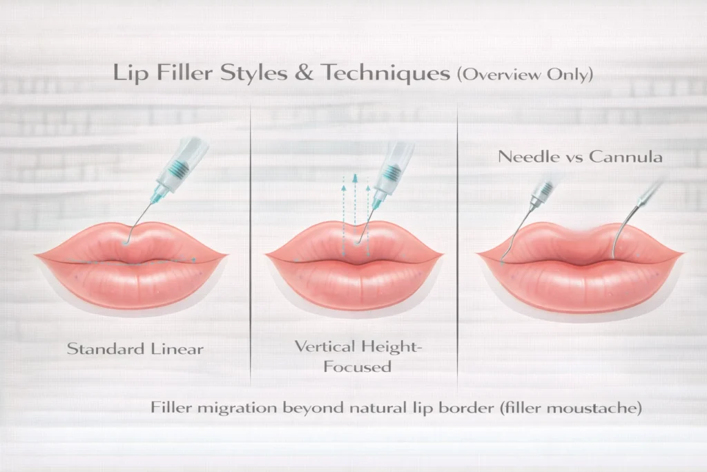 Lip filler techniques infographic comparing standard linear injections, height-focused techniques, and needle versus cannula methods
