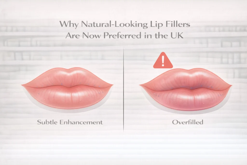 Comparison infographic showing natural-looking lip fillers versus overfilled lips in UK aesthetic treatment