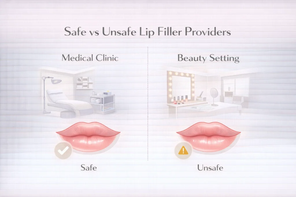Safe vs unsafe lip filler provider comparison showing medical clinic and beauty setting