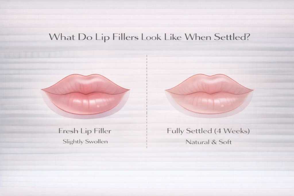 Fresh vs settled lip filler comparison showing natural results after 4 weeks