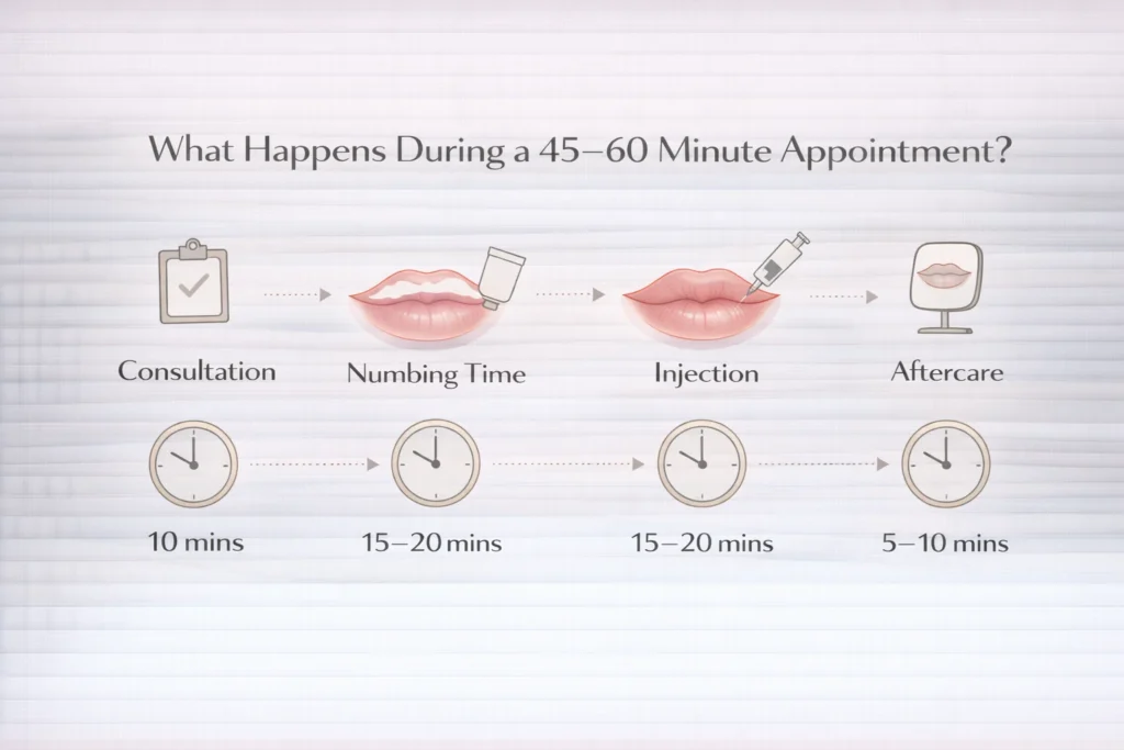 Lip filler appointment timeline showing consultation, numbing, injection and aftercare steps
