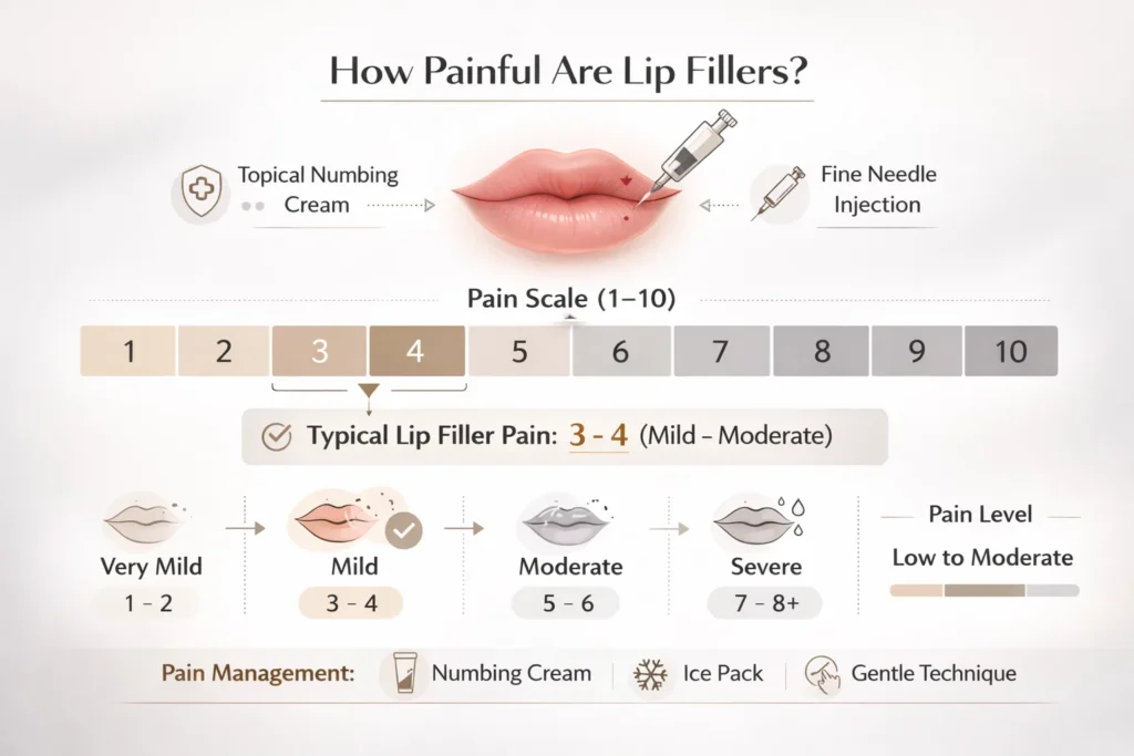 Lip filler pain scale infographic showing typical discomfort level 3–4 out of 10