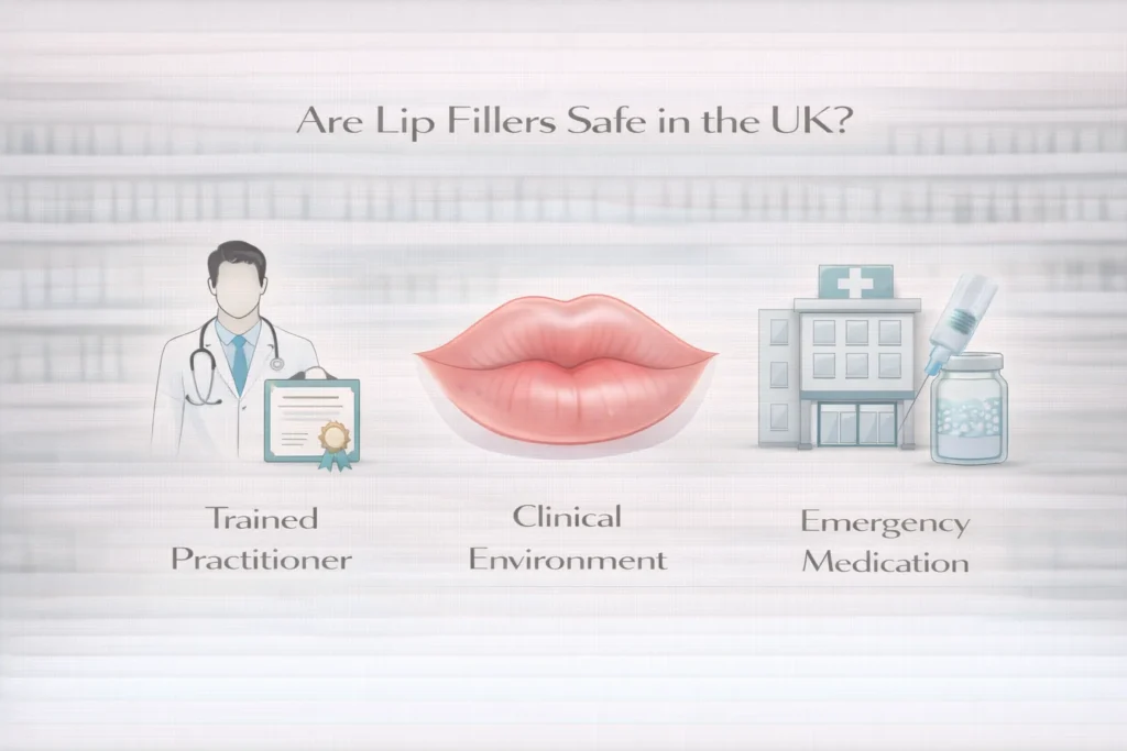 UK lip filler safety infographic showing practitioner, clinic and emergency support factors