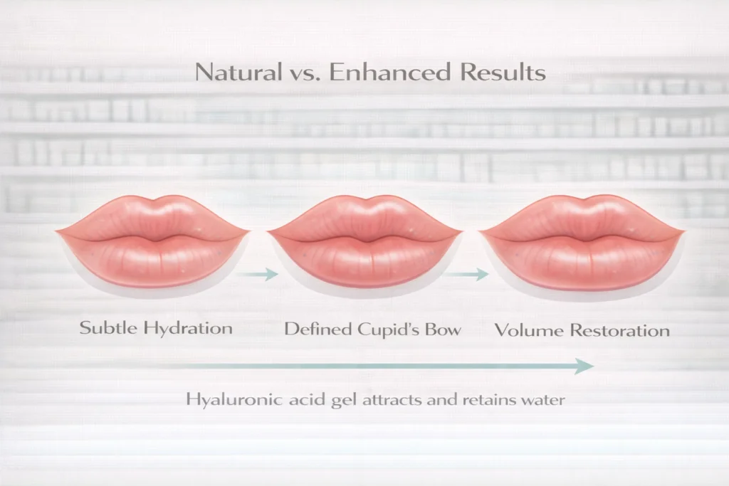 Lip filler results comparison showing subtle hydration, defined Cupid’s bow, and volume restoration outcomes