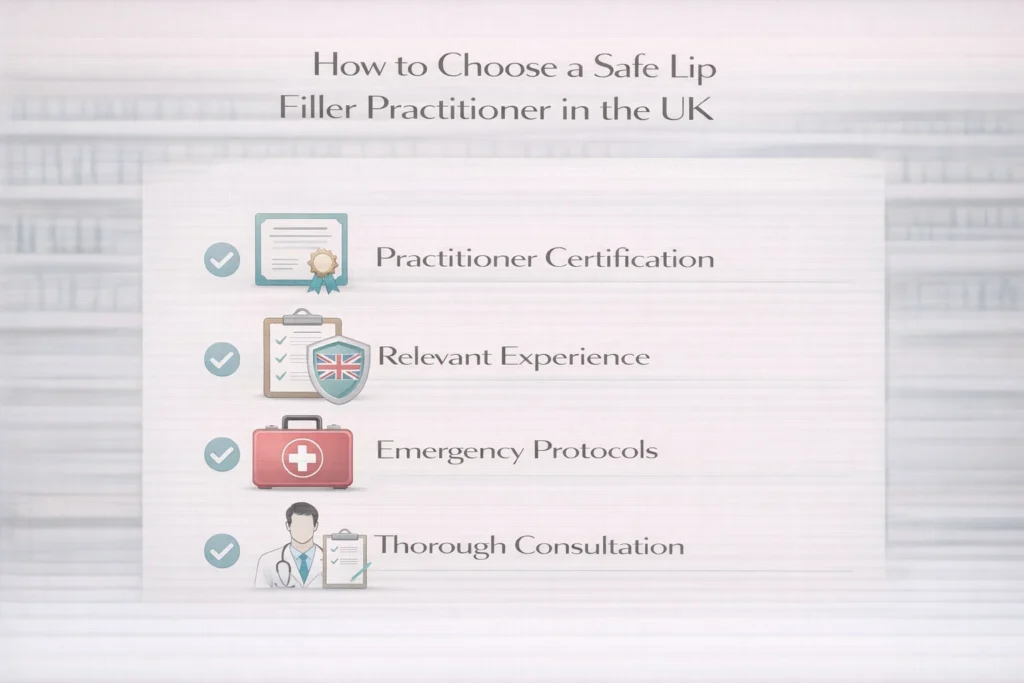 Checklist infographic for choosing a qualified lip filler practitioner in the UK with certification and safety criteria