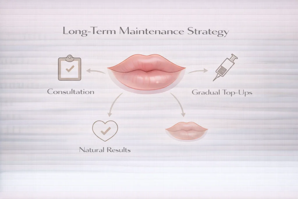 Long term lip filler maintenance strategy with consultation and gradual top ups infographic