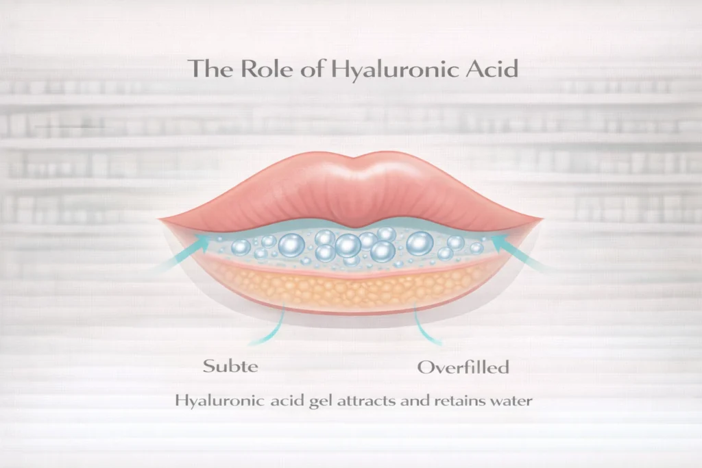 Cross-section diagram of lips showing how hyaluronic acid lip fillers attract water and create volume