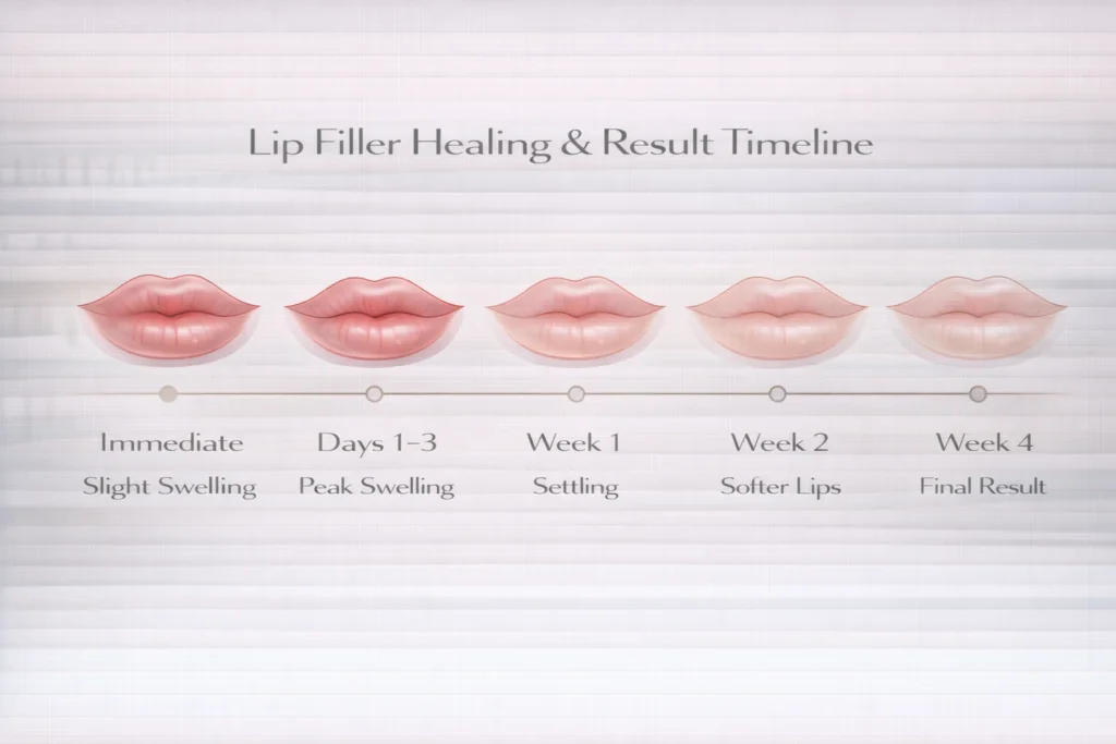 Lip filler healing timeline from day 1 swelling to week 4 final results