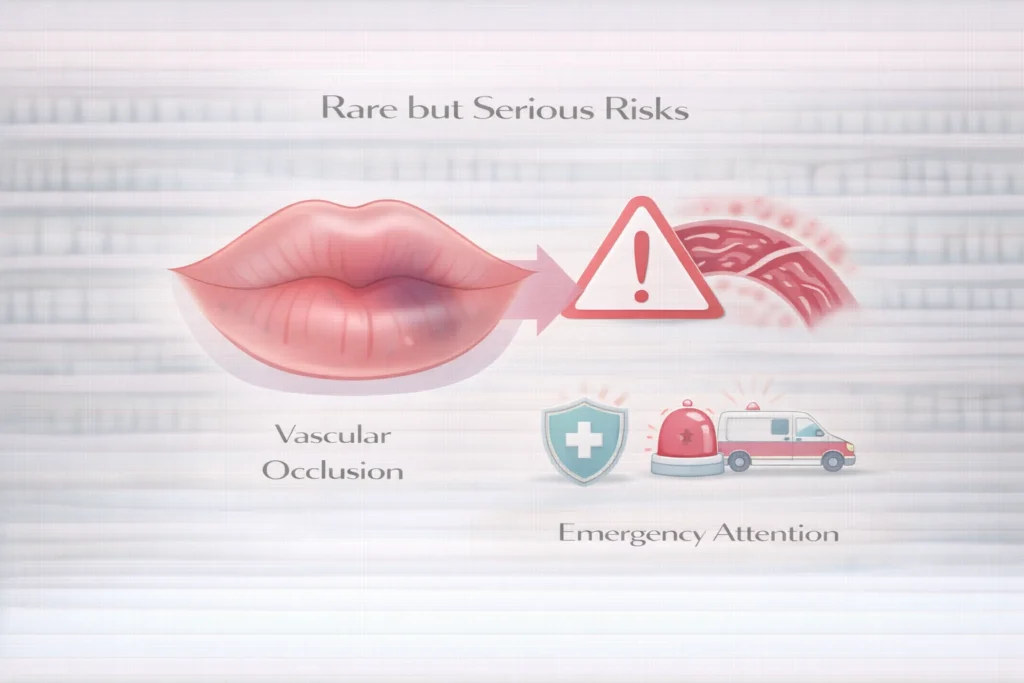 Serious lip filler complications infographic showing vascular occlusion warning signs