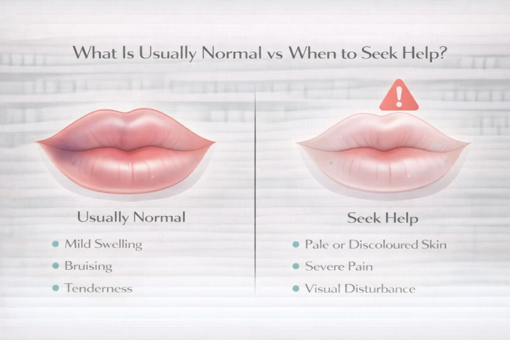 Normal healing versus warning signs after lip filler treatment including swelling, bruising, and vascular complication indicators