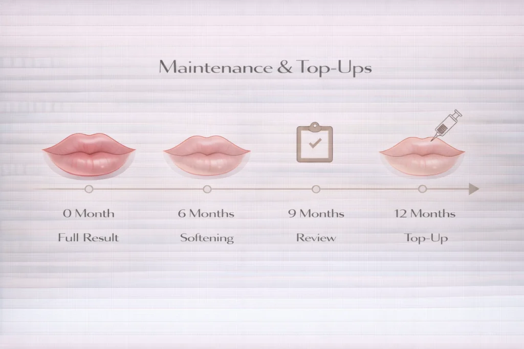Lip filler maintenance timeline showing review and top up stages