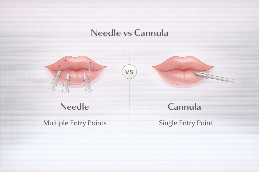 Needle vs cannula lip filler technique comparison infographic