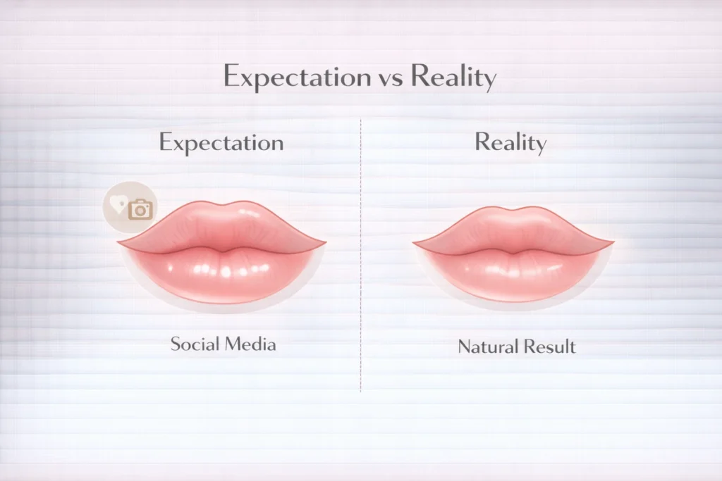Expectation vs reality lip filler comparison showing social media trend and natural results