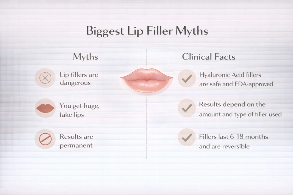 Lip filler myths vs facts infographic showing common misconceptions and clinical truths