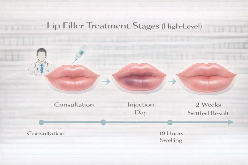 Lip filler treatment timeline showing consultation, injection day, swelling stage, and two-week settled results