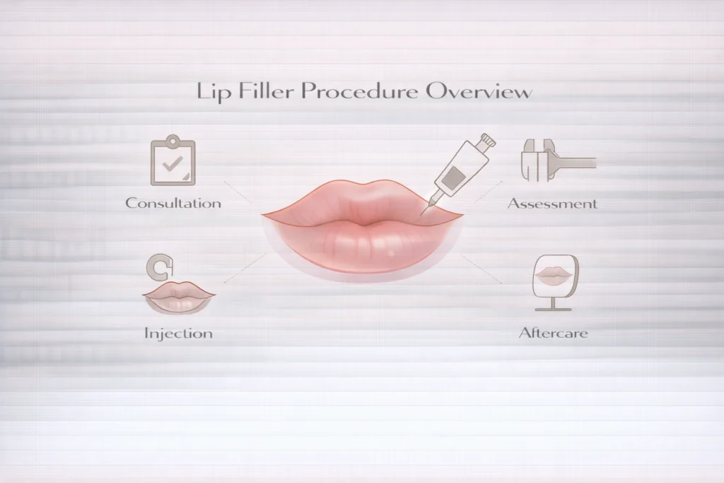 Lip filler procedure overview infographic showing consultation, injection and aftercare steps