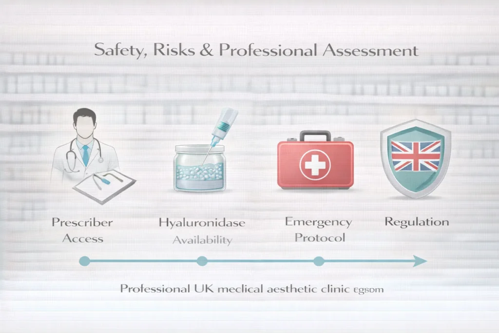 UK lip filler safety infographic highlighting prescriber access, emergency protocols, and hyaluronidase availability
