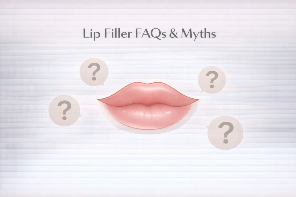 Lip filler FAQs and myths infographic with question icons and medical lips illustration