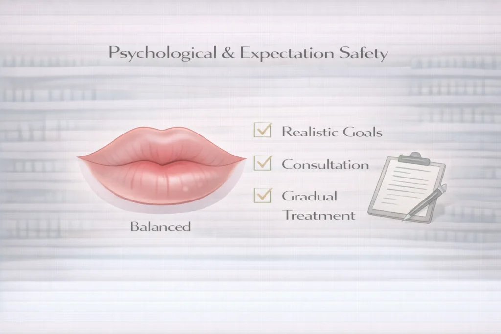 Realistic expectations before lip fillers consultation and gradual treatment infographic