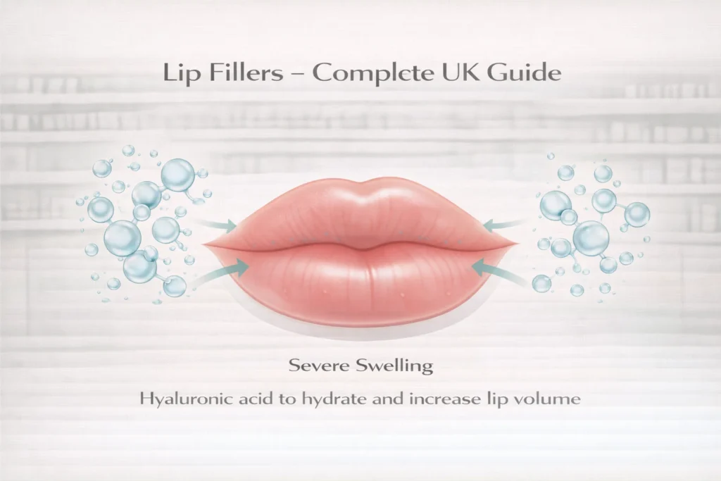 Educational infographic explaining lip fillers in the UK with hyaluronic acid hydration diagram and subtle lip enhancement illustration