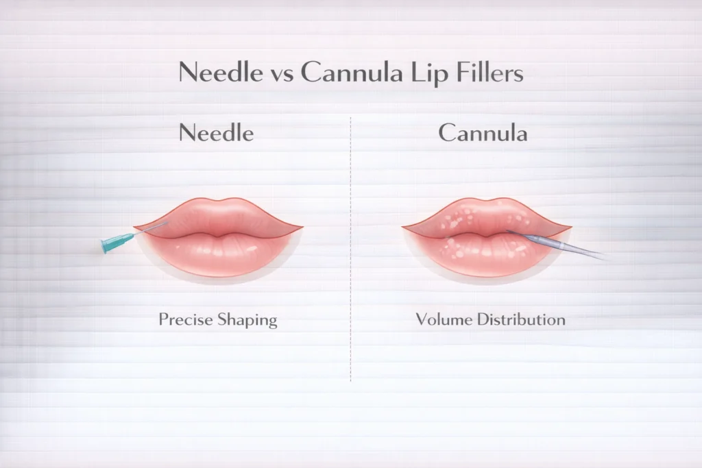 Needle vs cannula lip filler comparison showing precise shaping and volume distribution