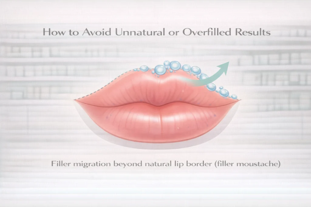 Medical diagram illustrating lip filler migration and overfilled lip appearance beyond the natural border