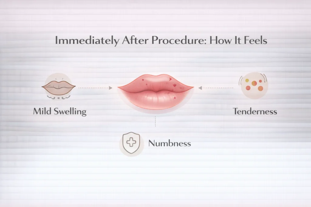 Lip filler aftercare infographic showing swelling, numbness and tenderness after treatment