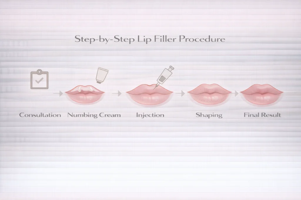 Step by step lip filler procedure showing consultation, numbing, injection and final results