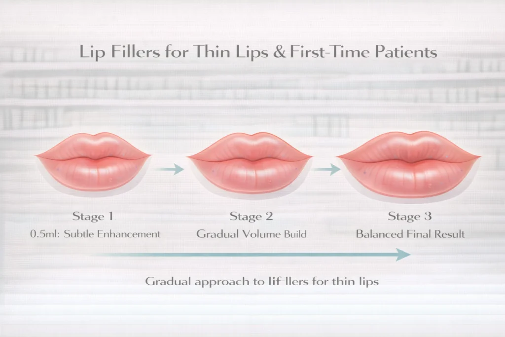 Gradual lip filler approach for thin lips showing staged 0.5ml to full enhancement progression