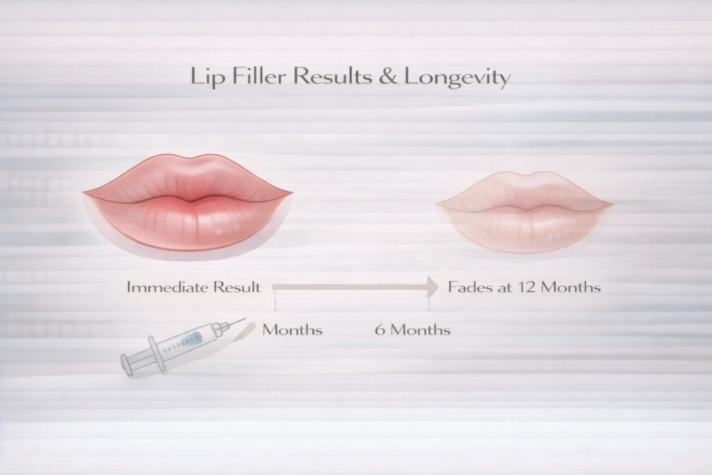Lip filler results and longevity timeline showing fade over 12 months