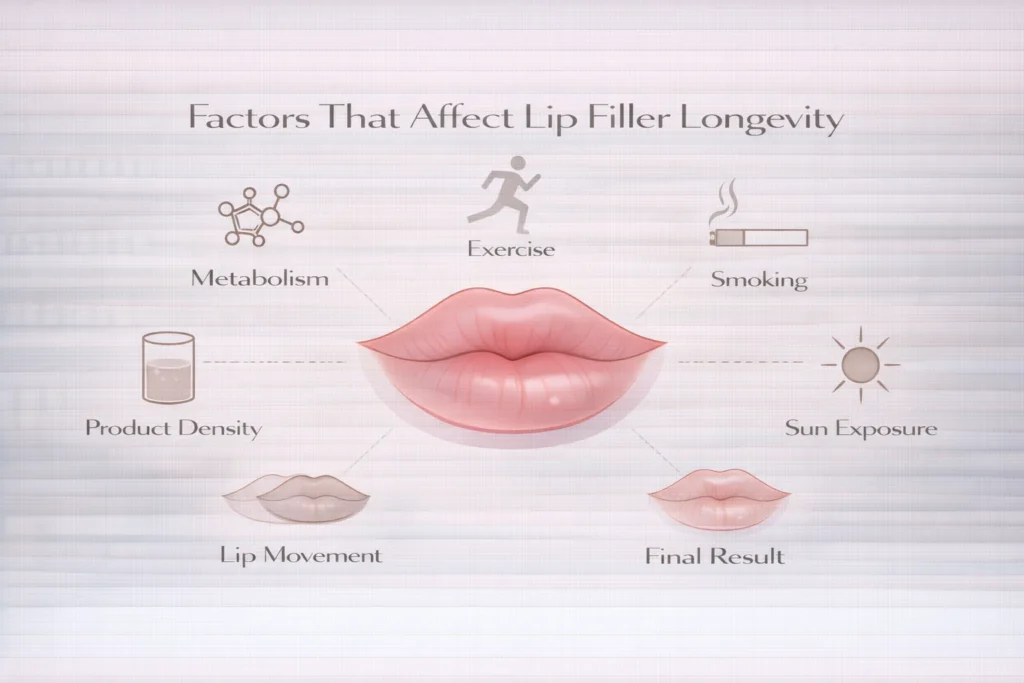 Factors affecting lip filler longevity including metabolism, exercise and sun exposure infographic