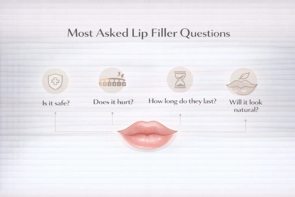 Common lip filler questions infographic showing safety, pain, longevity and natural results