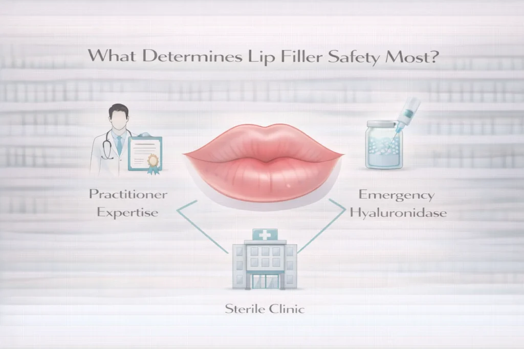 Key factors determining lip filler safety including practitioner expertise and clinic standards