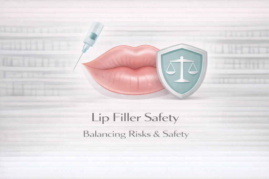 Lip filler safety infographic showing risks and protection concept